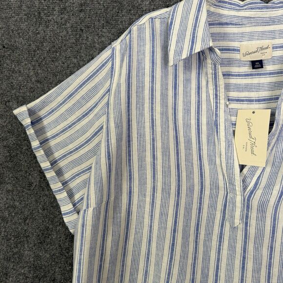 Universal Thread Pull Over Short Sleeve Shirt NWT Blue Stripe Sz XXL Linen Blend - Picture 3 of 11